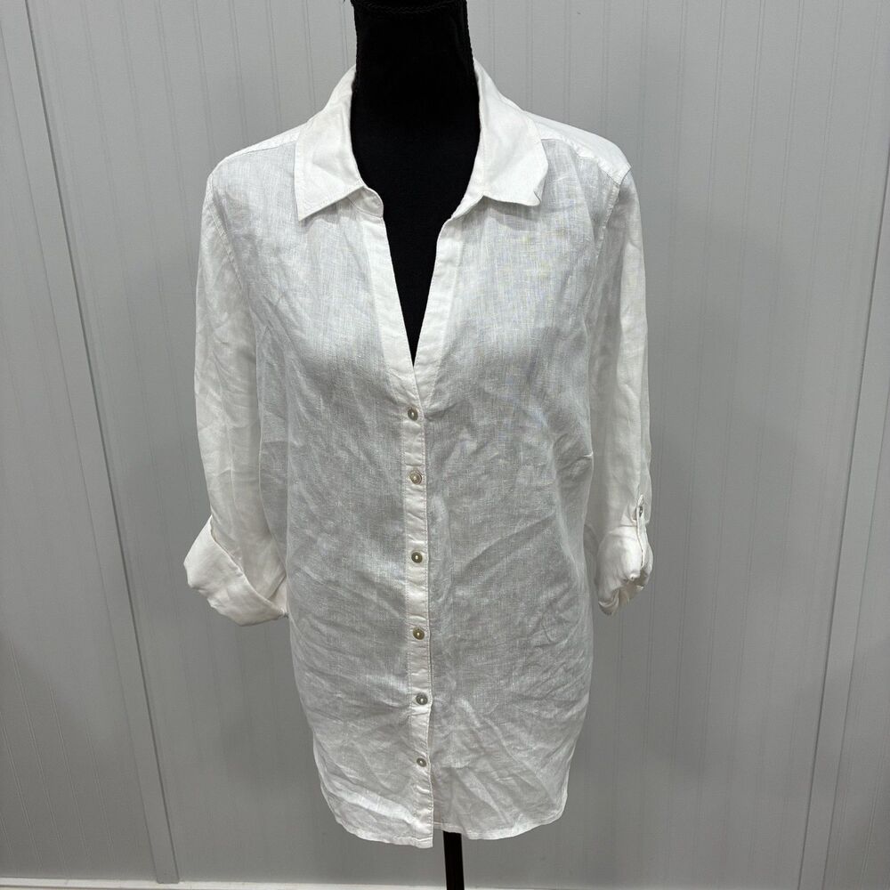 Sigrid Olsen Womens 1X White Roll Tab Sleeve Linen Button Up Blouse Coastal Chic